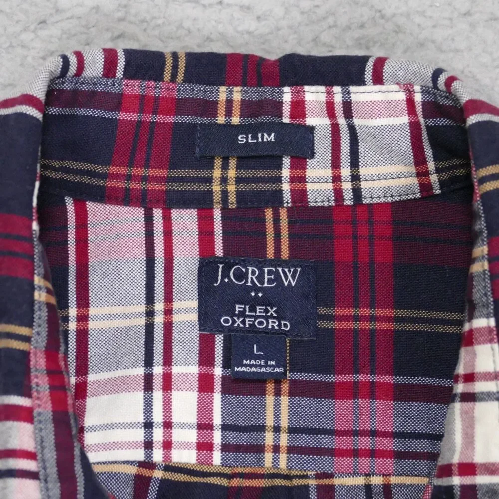 J Crew Oxford Shirt Mens Large SLIM Fit Red Navy Blue Plaid Long Sleeve